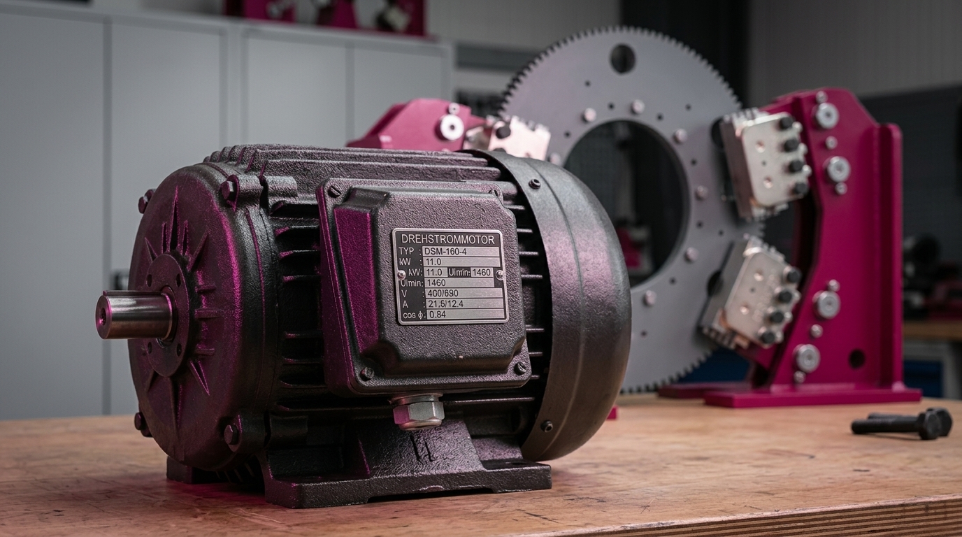 Ein Industrie-Drehstrommotor mit gut lesbarem Typenschild zur Ermittlung von kW, Spannung und Leistungsfaktor fuer die Antriebsauslegung.